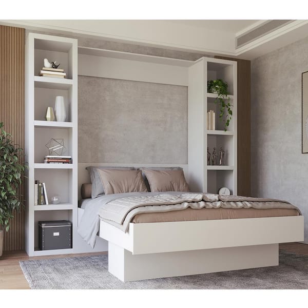 Easy-Lift White Wood Frame Queen Murphy Bed with Bookshelf