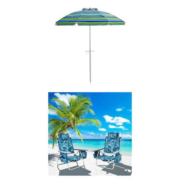 6.  5 ft. Green Beach Umbrella with Bag and Navy Aluminum Folding Beach Chair Combo (2 Pieces)