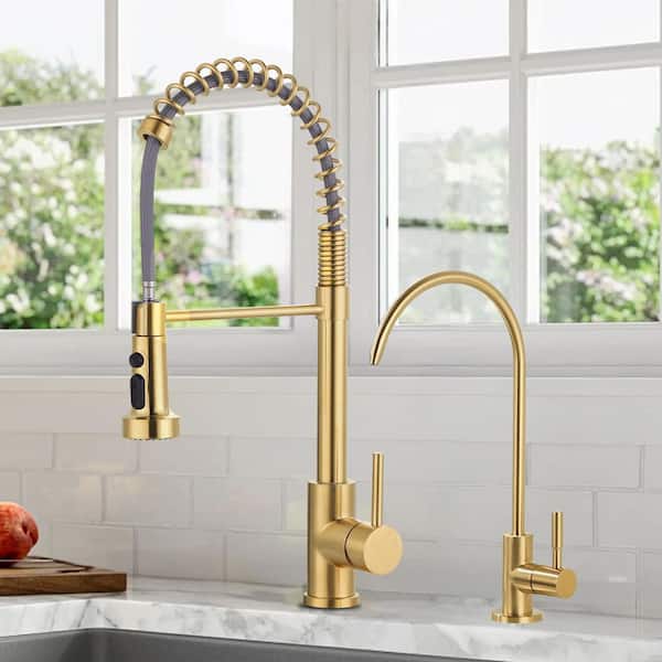 Single Handle Pull-Down Sprayer Kitchen Faucet, Kitchen Faucet with Direct Drinking Water Faucet in Brushed Gold