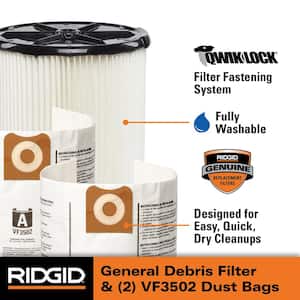 Wet/Dry Vac Filter Kit with General Debris Cartridge Filter and Two Dust Bags for Select 12-16 Gal RIDGID Shop Vacuums