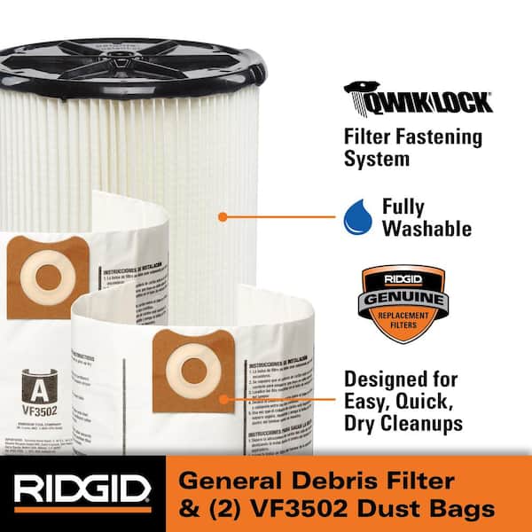 Genuine Wet Dry Vac Filter Kit with General Debris Filter, 2-Dust Bags for Select 12-16 Gal. RIDGID Wet Dry Vacs VF4500