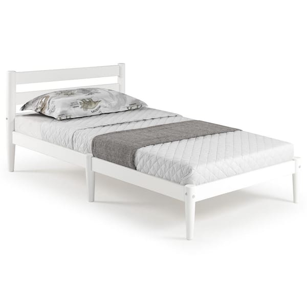 Mid-Century Modern White Twin Size Slatted Headboard Platform Bed