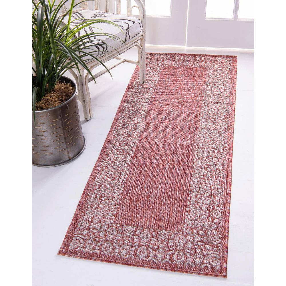 Rust Red Floral Easy-Care Outdoor Synthetic Runner Rug