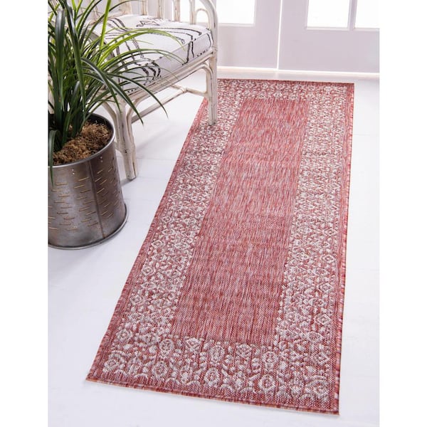 Outdoor Floral Border Rust Red 2 ft. x 6 ft. Runner Rug