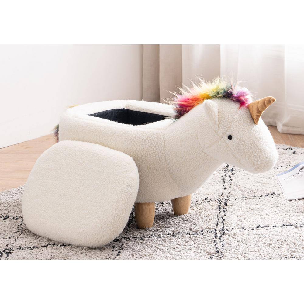 White and Multicolor Unicorn Fabric Storage Ottoman