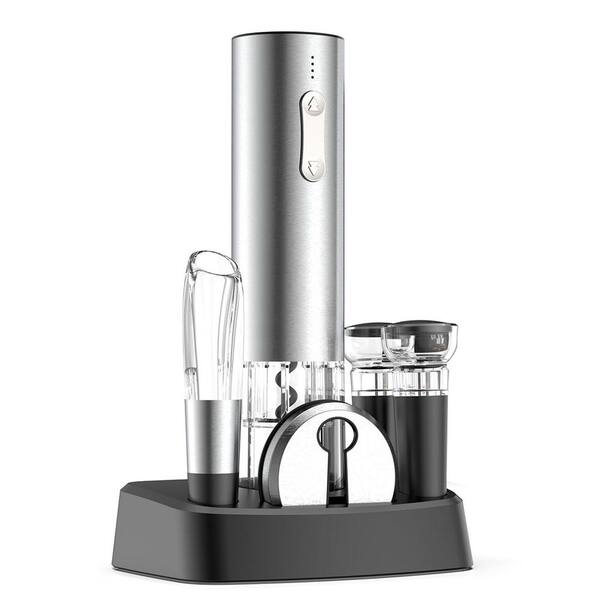 Sleek Silver Wine Opener Set Electric Wine Accessories Kitchen Wine Opener Set with Foil Cutter Pourer Stopper