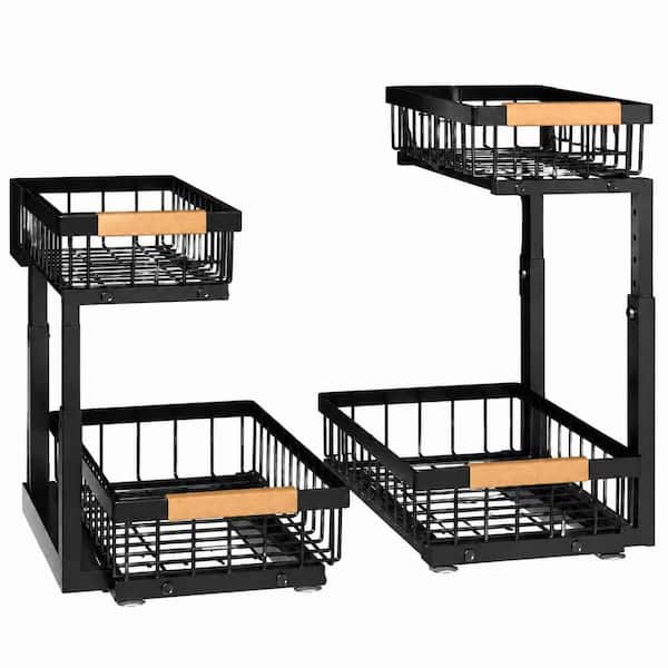 Under Sink Organizer, 2-Pack 2-Tier Slide Out Pull Out Cabinet Shelf, Metal Sliding Drawer for Kitchen and Bathroom