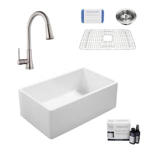 Bradstreet II 33 in Farmhouse Apron Front Undermount Single Bowl Crisp White Fireclay Kitchen Sink with Stainless Faucet