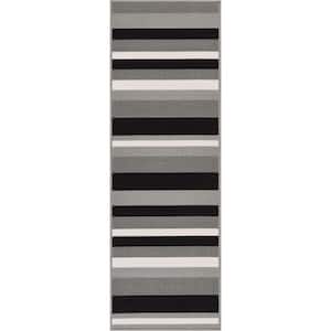 Kings Court Uni Stripes Grey 2 ft. x 7 ft. Modern Geometric Runner Rug