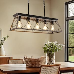 5-Light Black and Rust Farmhouse Chandelier - Antique Linear Pendant Light for Dining Room, Kitchen Island, and Office