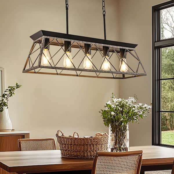 5-Light Black and Rust Farmhouse Chandelier - Antique Linear Pendant Light for Dining Room, Kitchen Island, and Office