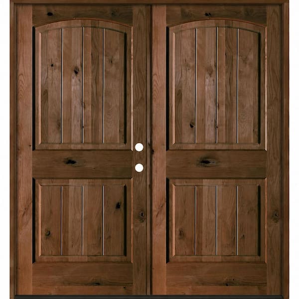 60 in. x 80 in. Rustic Knotty Alder Arch Top VG Left-Hand/Inswing BEHR Espresso Stain Double Wood Prehung Front Door