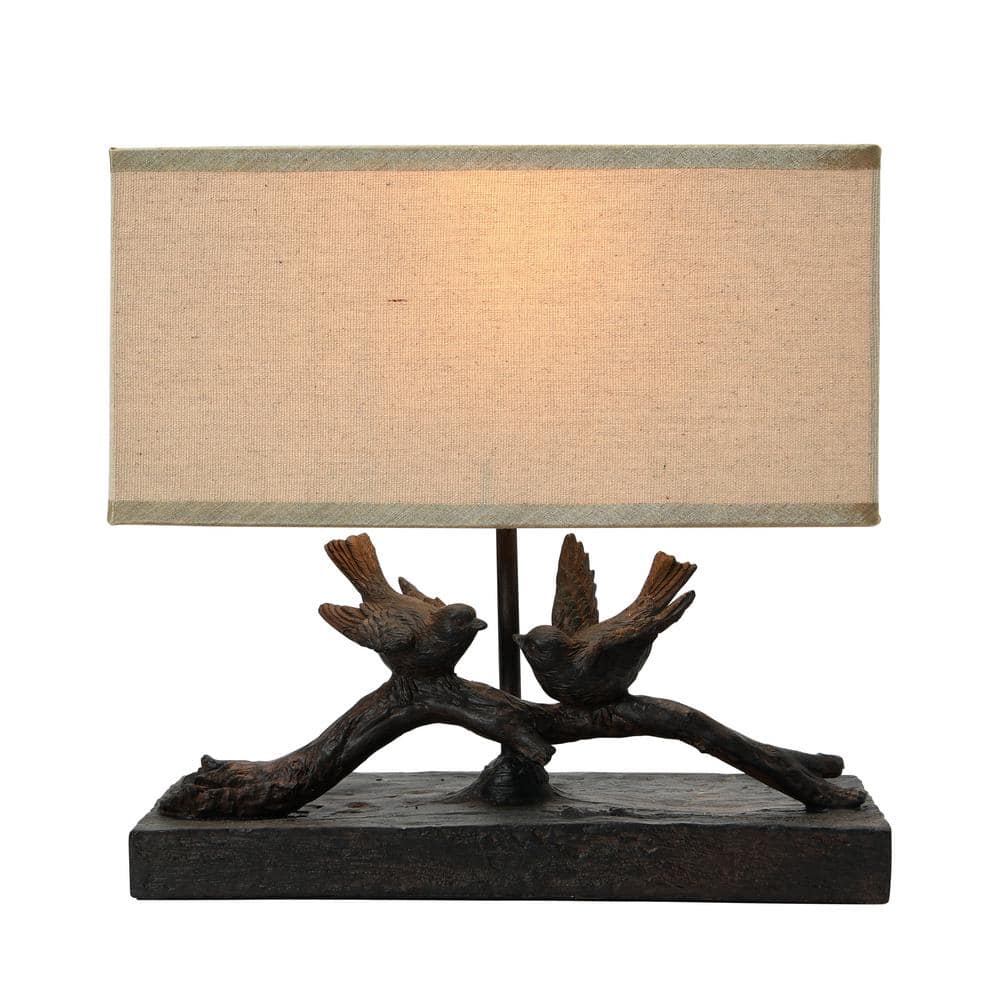 Black Resin Bird Table Lamp with Linen Shade