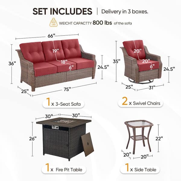 Modern Farmhouse 5-Piece Brown Wicker Square Fire Pit Conversation Set with Red Cushions and Patio Swivel Chairs