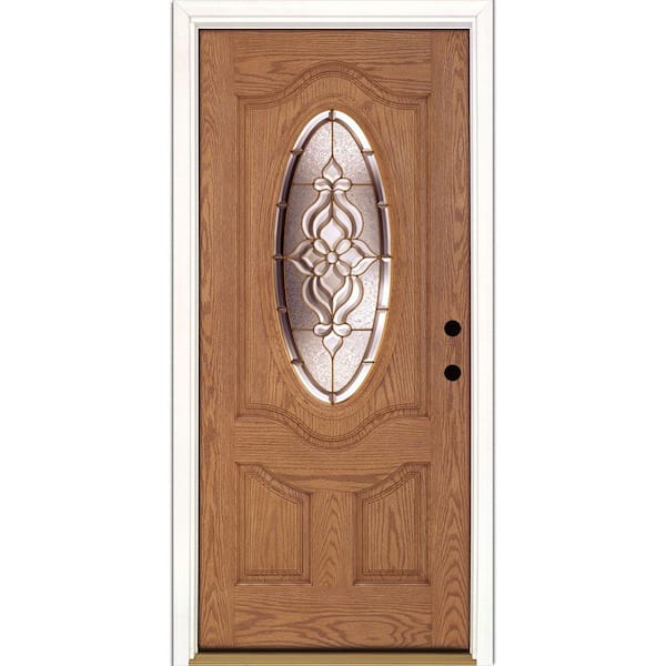 Feather River Doors 37.5 in. x 81.625 in. Lakewood Brass 3/4 Oval Lite Stained Light Oak Left-Hand Inswing Fiberglass Prehung Front Door