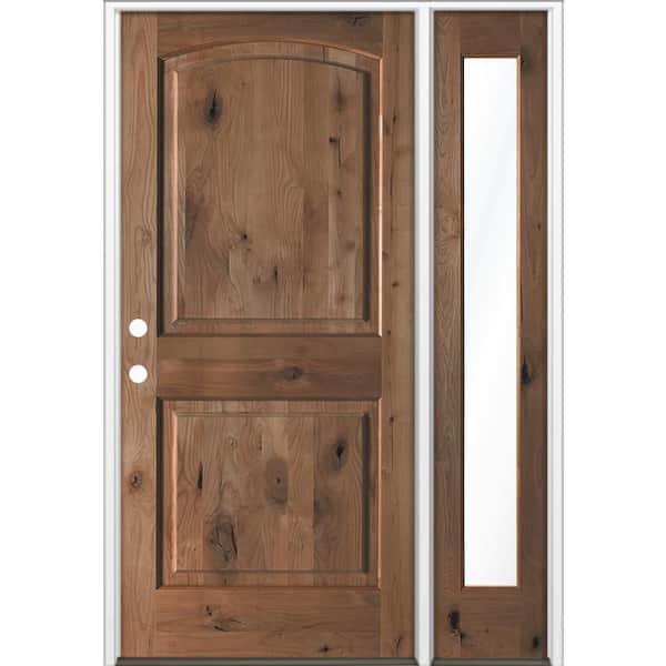 Krosswood Doors 44 in. x 80 in. Knotty Alder 2-Panel Arch Right-Hand/Inswing Clear Glass True Black Stain Wood Prehung Front Door w/RFSL