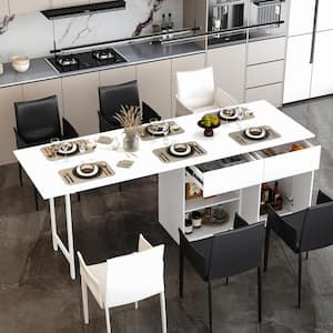 White Wood 86.2 in. W Kitchen Island Dining Bar Table With Extendable Table Top,-Door Cabinet,-Drawers, Open Shelves