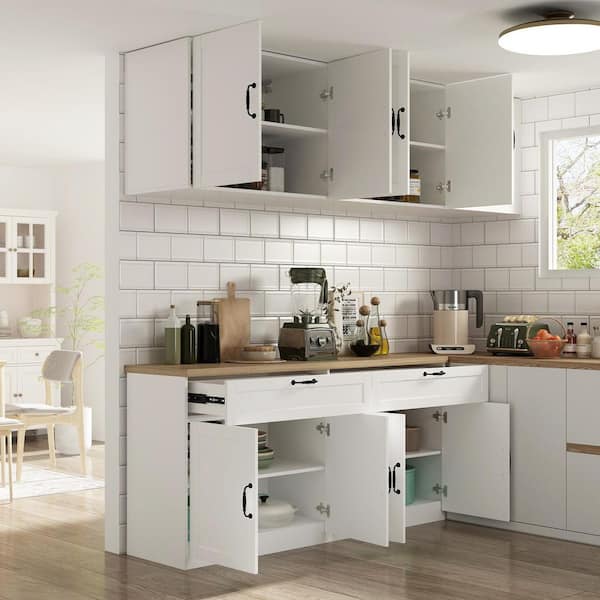 63 in. W x 17.5 in. D x 55.1 in. H Ready to Assemble Wood Kitchen Cabinet in White with 8 Shelves, 2 Drawers (2 Parts)