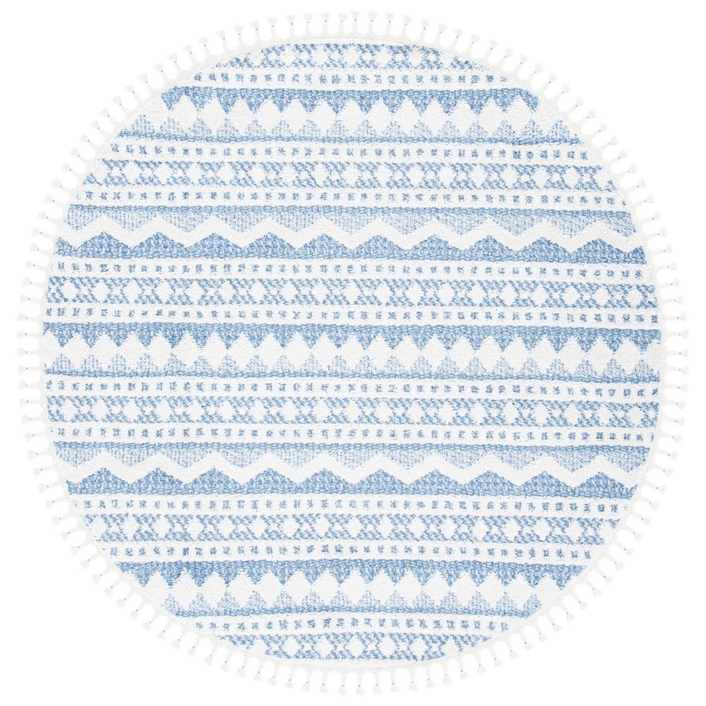 Moroccan Tassel Shag 7 ft. x 7 ft. Ivory/Light Blue Striped Geometric Round Area Rug price history on PriceWatchPro