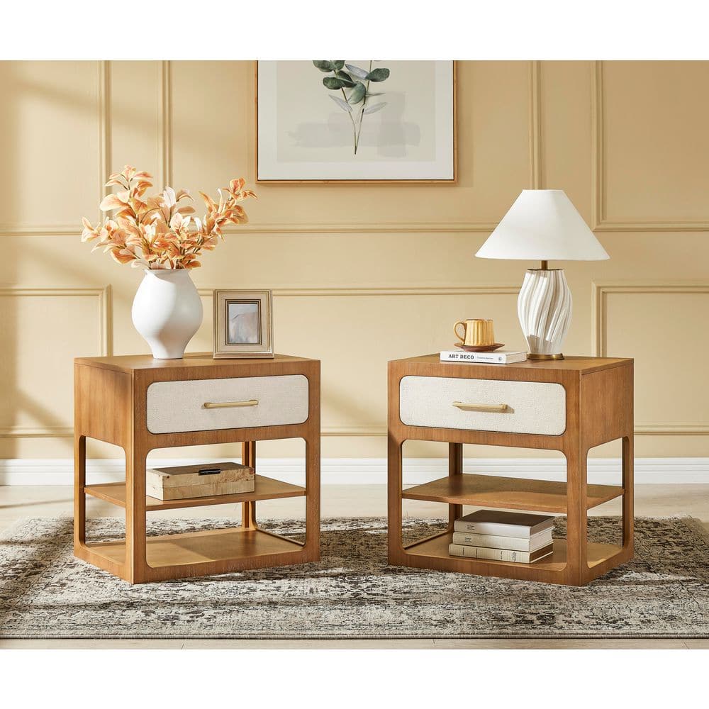 Modern 24 in. W Light Walnut 1 Drawer Nightstand Bedroom Side Table Set of 2