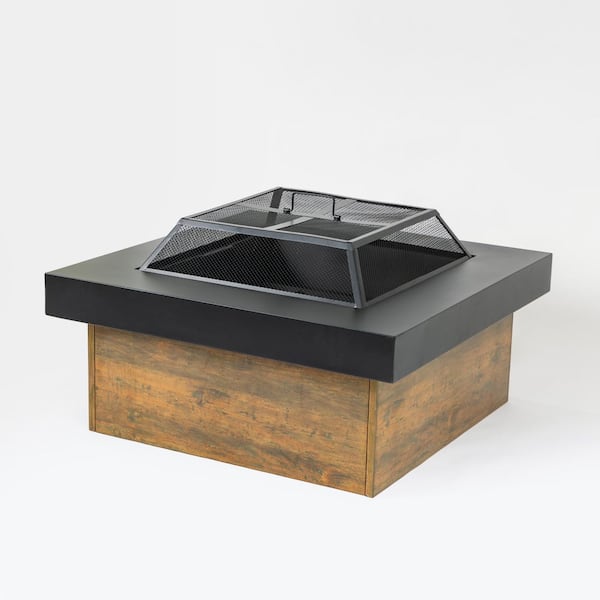 36 in. Square Metal Iron Outdoor Fire Pit Table Black with Wood Grain Wood-burning Stove