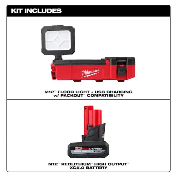 M12 12-Volt Lithium-Ion Cordless PACKOUT Flood Light w/USB Charging & 5. 0Ah Battery