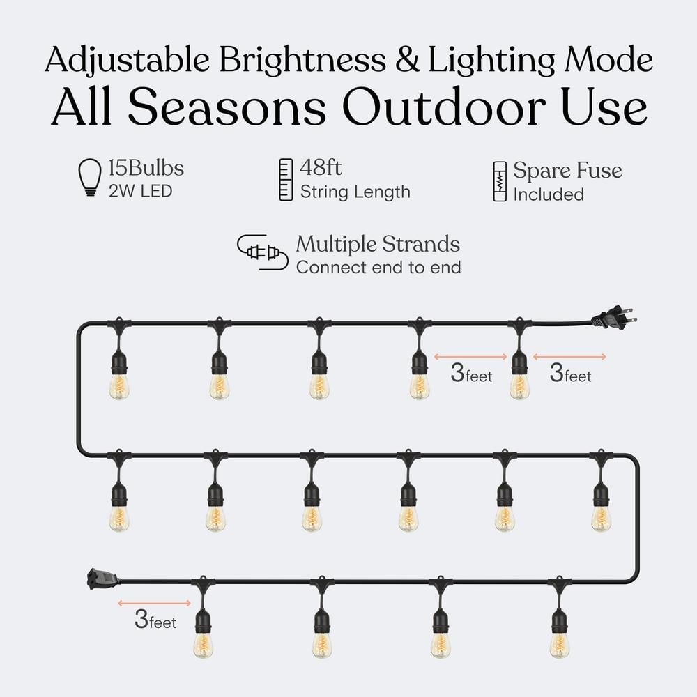 48ft Black Outdoor String Lights with Warm White LED Bulbs