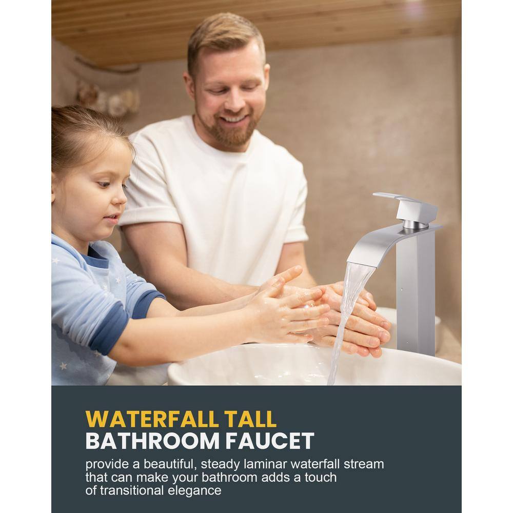 Brushed Nickel Single Handle Waterfall Bathroom Faucet with Pop Up Drain