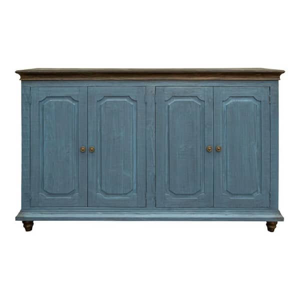 Benjara Blue, Brown and Antique Gold Wood Top 71.25 in. Sideboard with 4-Door Handles