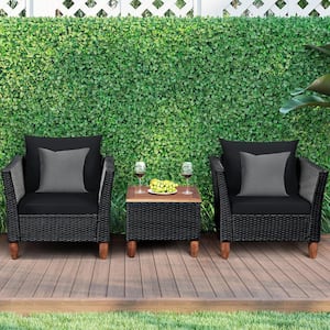 3-Pieces Wicker Patio Conversation Set Wooden Table Top with Black Cushions