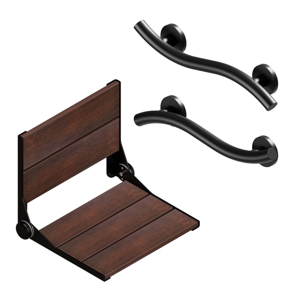 Invisia Serena Seat 18in, Medium Wood Stain in Matte Black Frame & Wave Grab Bar x2 18in in Matte Black