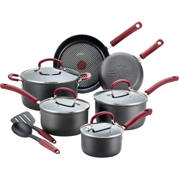 Unlimited Hard Anodized 12 Piece Aluminum Nonstick Cookware set in Grey with Red Handles