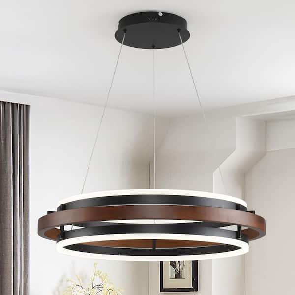 2 Light Dimmable Integrated LED Black Round Modern Wooden Chandelier 28 in. Pendant Light w/ Dual Ring Design Adjustable
