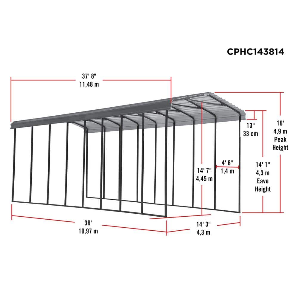 Charcoal Galvanized Steel RV Carport Kit, 14' x 38' x 14'