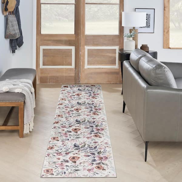 Washables Ivory Pink 2 ft. x 10 ft. Botanical Traditional Runner Area Rug