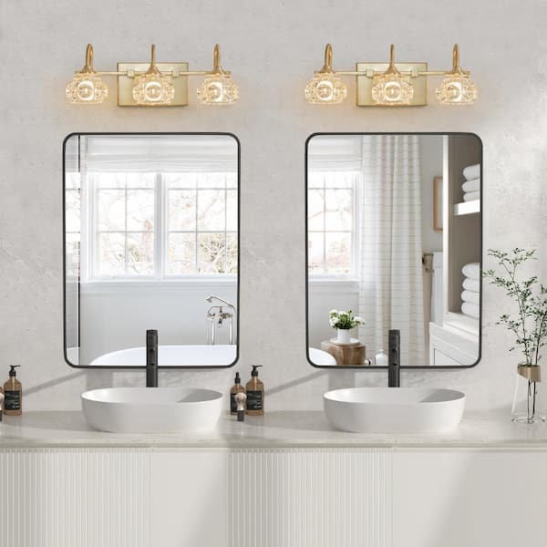 17 in. 3-Light Gold Vanity Lights Fixture with Clear Crystal Shades and No Bulbs Included