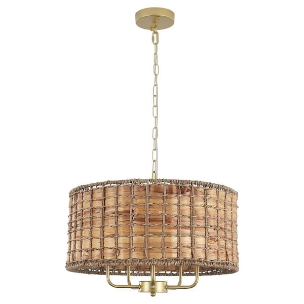 LWYTJO 5-Light Gold Drum Bohemian Chandelier with Hand Woven Shade