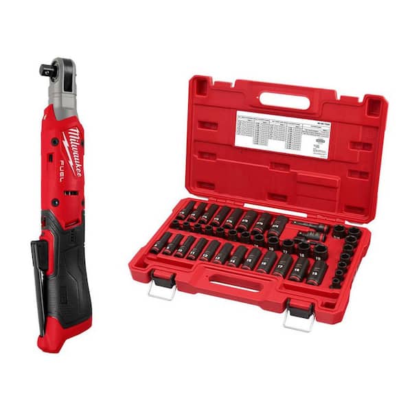 M12 12V Lithium-Ion 3/8 in. Cordless Ratchet with 3/8 in. Drive SAE and Metric 6 Point Impact Socket Set (43-Piece)
