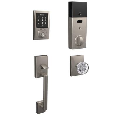 Century Satin Nickel Connect Z-Wave Plus Touchscreen Deadbolt and Century Handleset and Hobson Knob with Century Trim