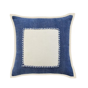 Riviera Navy Blue /Cream Framed Textured Poly-Fill 20 in. x 20 in. Throw Pillow