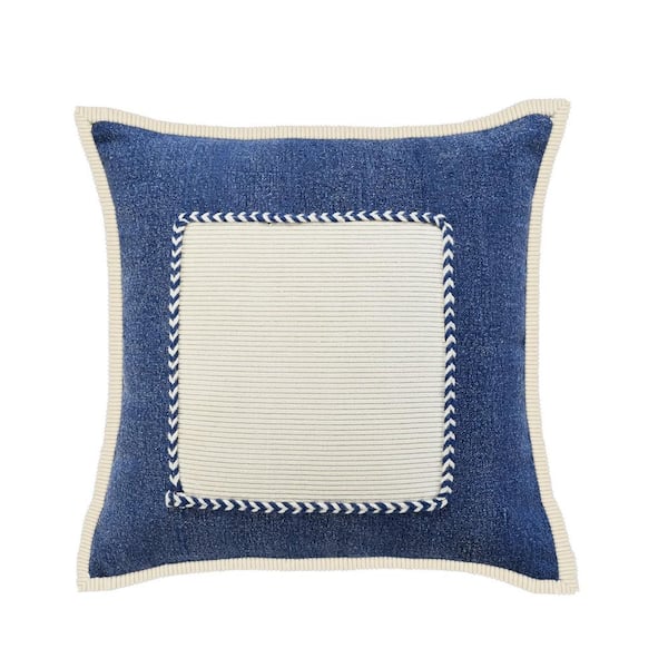 Unbranded Riviera Navy Blue /Cream Framed Textured Poly-Fill 20 in. x 20 in. Indoor Throw Pillow