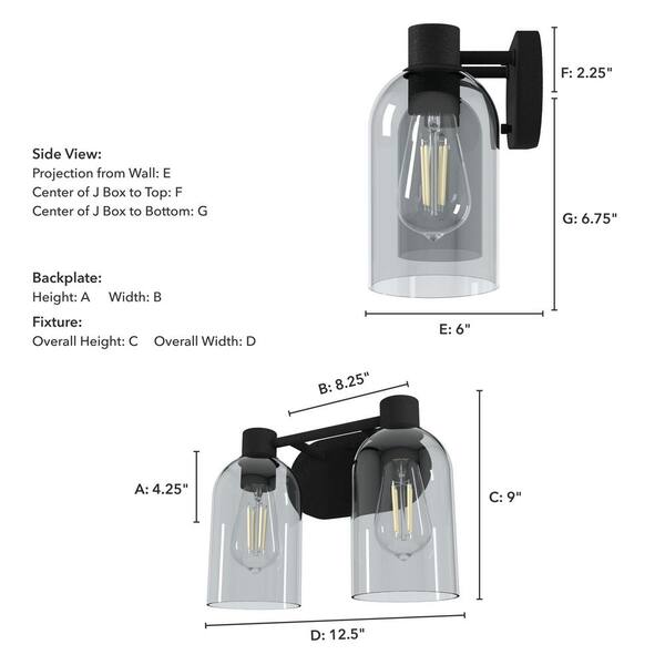 Hunter - Lochemeade 12.5 in. 2 Light Natural Iron Vanity Light with Smoked Glass Shades Bathroom Light