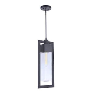 Perimeter 21.75 in. 1-Light Midnight Finish Dimmable Outdoor Pendant Light with Seeded Clear Glass, No Bulb Included