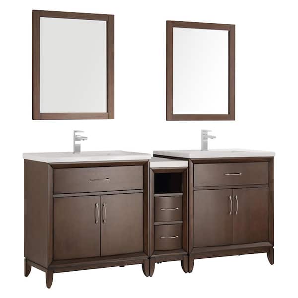 Fresca Cambridge 70 in. Vanity in Antique Coffee with Porcelain Vanity Top in White with White Ceramic Basins and Mirror