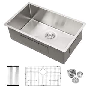 Loile 33 in. Undermount Single Bowl 16-Gauge Brushed Nickel Stainless Steel Kitchen Sink with Bottom Grid