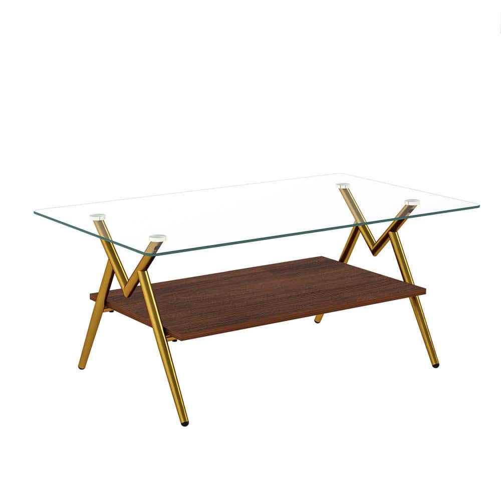 38.6 in. Rectangle Transparent Tempered Glass Coffee Table with Brown MDF S