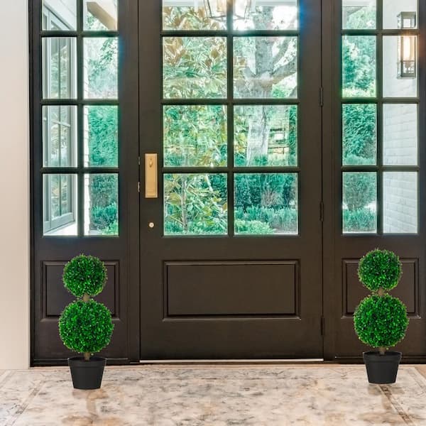 2 ft. Green Artificial 2-Ball Boxwood Topiary Ball Tree, Fake Decorative Plant, Nursery Pot Included for Home and Office