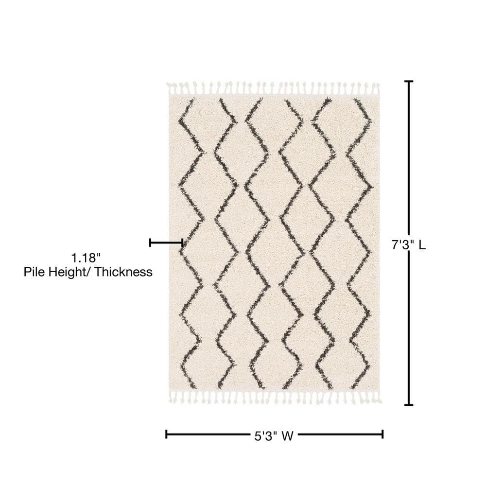 Beige and Black Braided Shag Rectangular Area Rug 5' x 7'