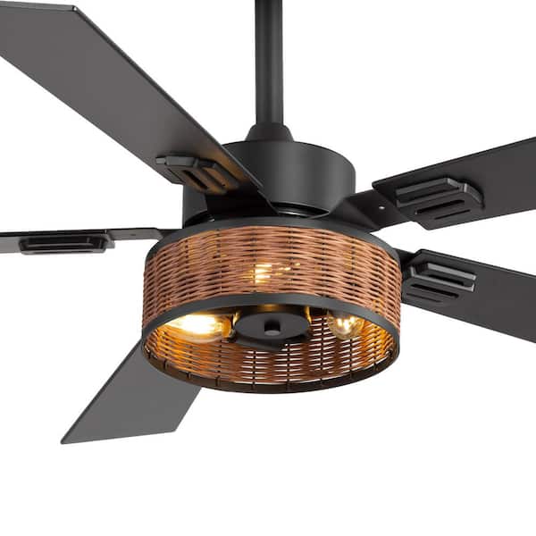 Breezary Farmhouse 48 in. 3-Light Indoor Black Downrod Standard Ceiling Fan with Rattan Light Kit and Remote Control Included