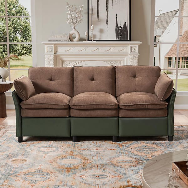 76.4 in. Wide Straight Arm Fabric Rectangle Reclining Sectional Sofa in Brown and Dark Green